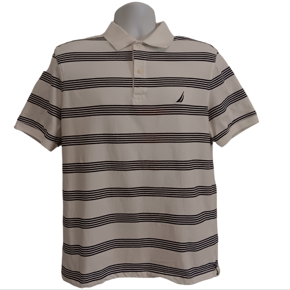Nautica men's black/white striped short-sleeve polo shirt size L